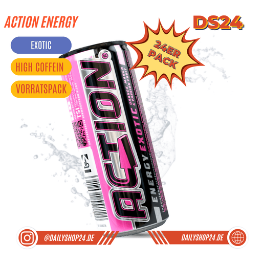 action energy drink exotic mit exotischem geschmack nach tropischen früchten mango ananas drachenfrucht mit erhöhtem koffeingehalt für maximale sportliche leistungen und konzentrationsfähigkeit