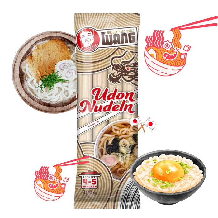 Mr. WANG Udon Nudeln 300g (getrocknet, natürliche Zutaten, Vegan) Japanische Weizennudeln für Suppen, Salaten, Bowls & Wok-Gerichte