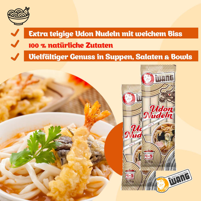 Mr. WANG Udon Nudeln 300g (getrocknet, natürliche Zutaten, Vegan) Japanische Weizennudeln für Suppen, Salaten, Bowls & Wok-Gerichte