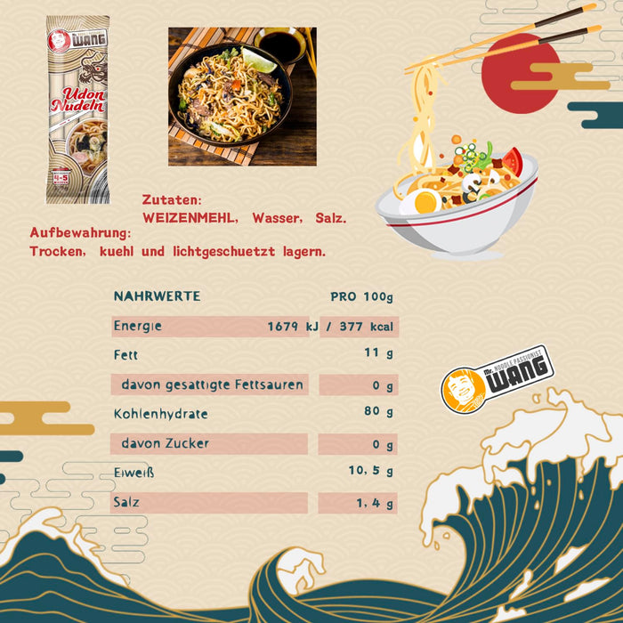 Mr. WANG Udon Nudeln 300g (getrocknet, natürliche Zutaten, Vegan) Japanische Weizennudeln für Suppen, Salaten, Bowls & Wok-Gerichte